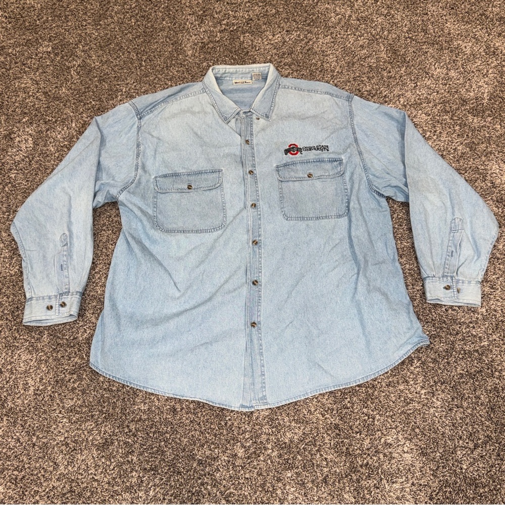 VTG OSU Ohio State Buckeyes Denim Shirt Mens XXL 2XL Blue Long Sleeve University